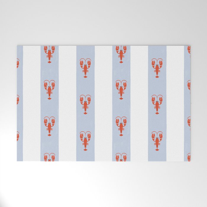 Red Lobsters On Hand-Painted Blue Stripes Welcome Mat