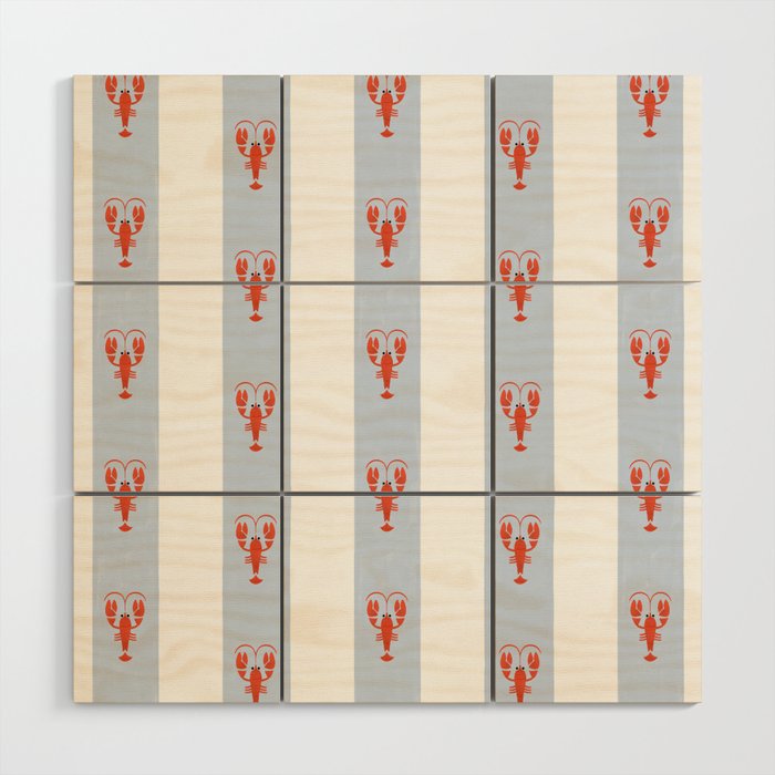 Red Lobsters On Hand-Painted Blue Stripes Wood Wall Art