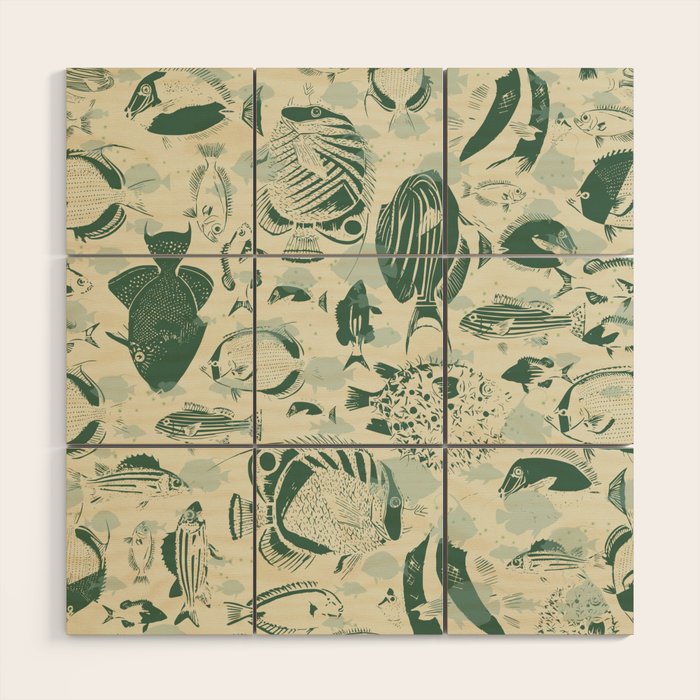 Deep Ocean Fish Family Light Wood Wall Art