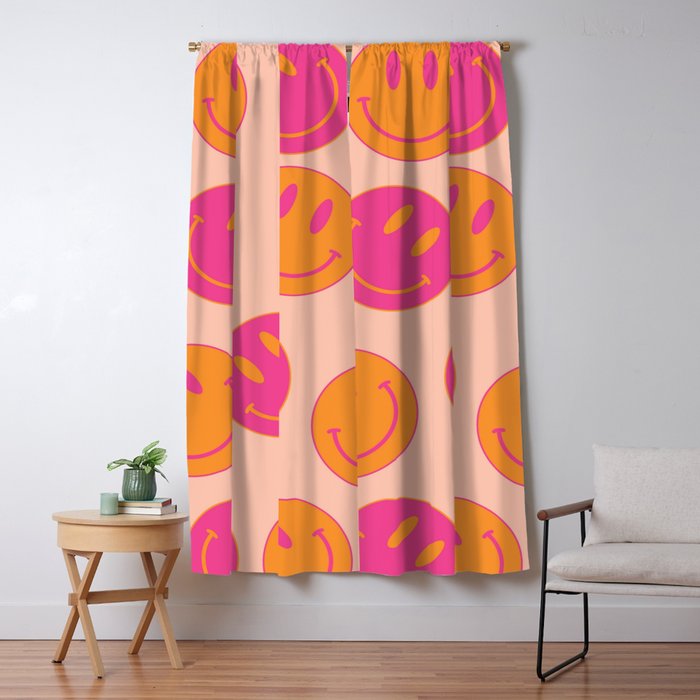 Retro Groovy Smiley Face Poster - Pink And Orange 90s Vibes Window Curtain