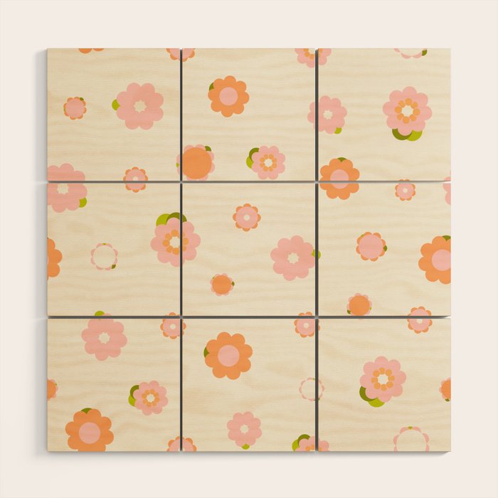 Peach Pink And Orange Flowers Pattern Wood Wall Art