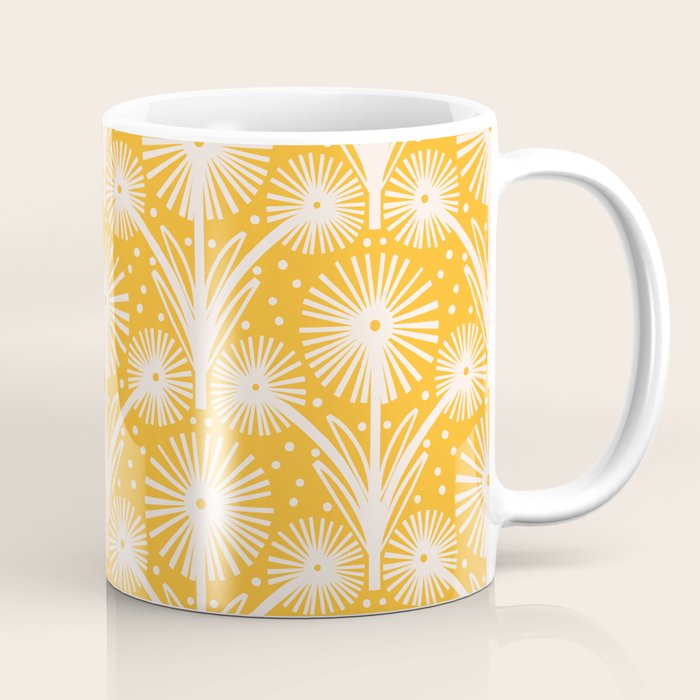Retro White Fanned Floral Pattern - Yellow Background Coffee Mug