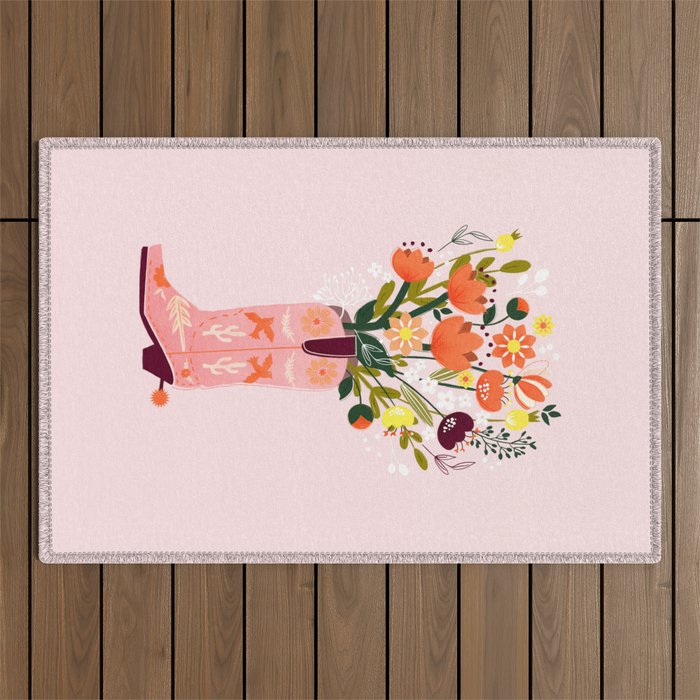 Pink Cowboy Boot And Wild Flower Bouquet Outdoor Rug