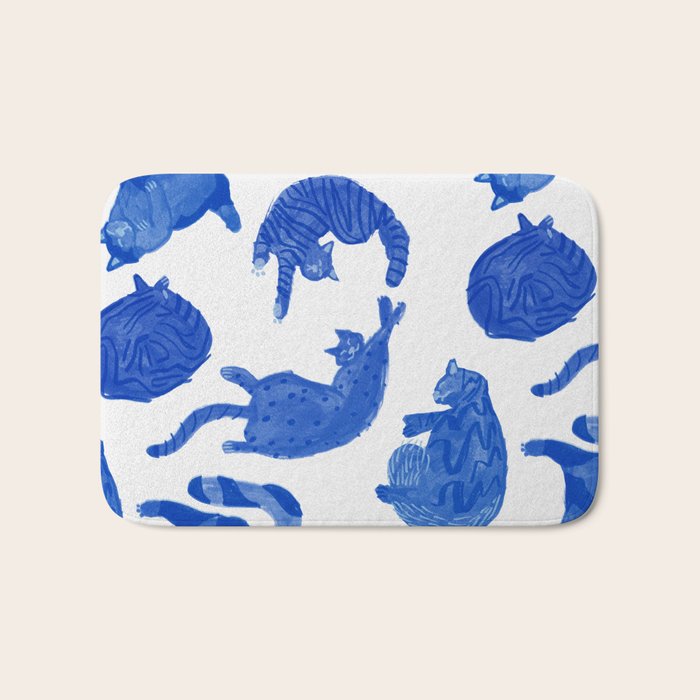 Sleepy Cozy Kitty Cats In Royal Blue & White Bath Mat