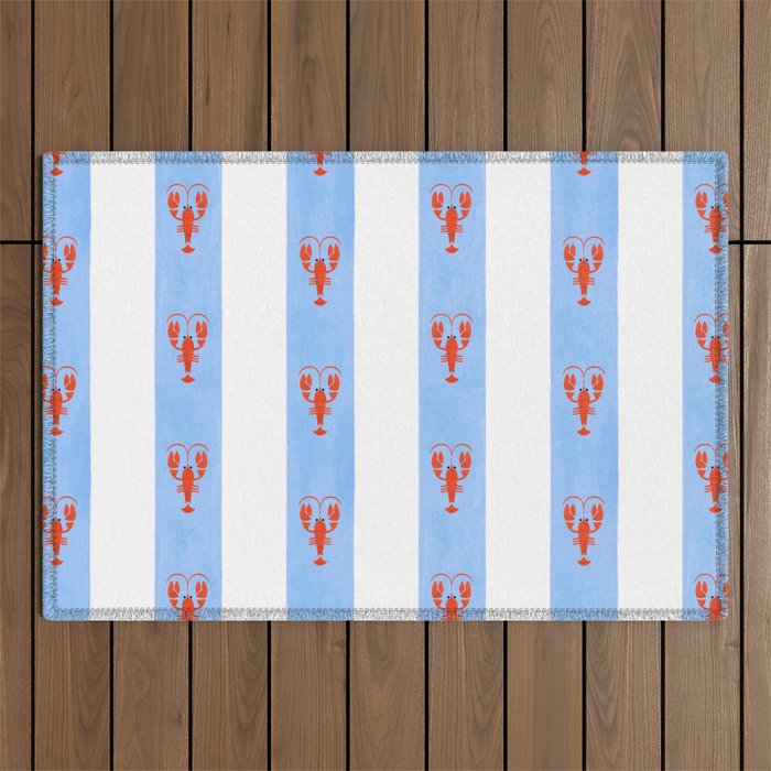 Red Lobsters On Hand-Painted Bright Blue Stripes Outdoor Rug