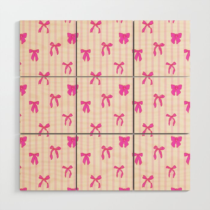 Classic Hot Pink Bows And Stripes Wood Wall Art