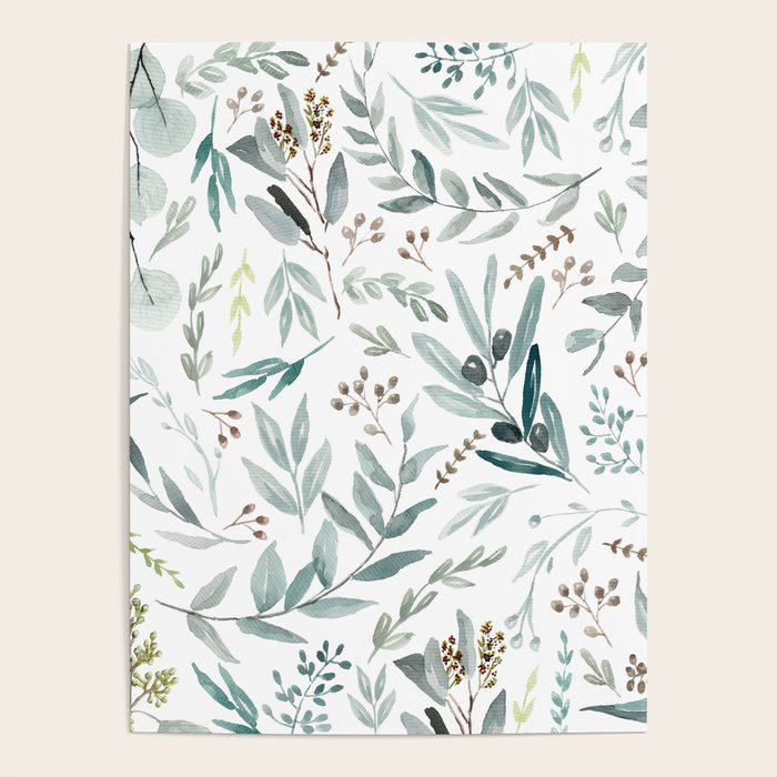 Botanical Eucalyptus Leaves Pattern Poster