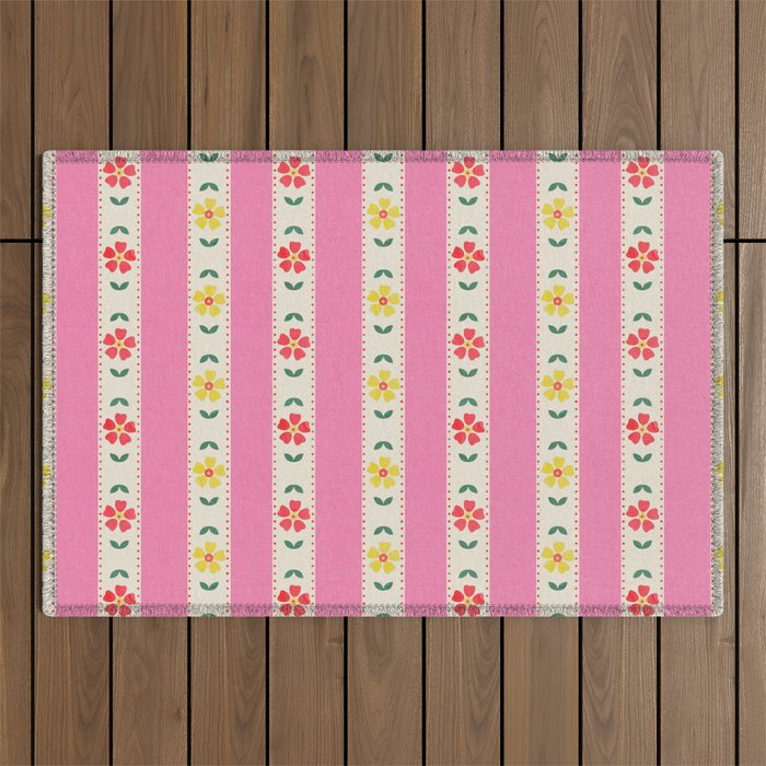 Granny Style Vintage Florals On Pink Stripes Outdoor Rug