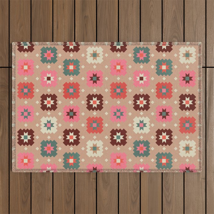 Festive Winter Quilt Tiles With Stars Outdoor Rug