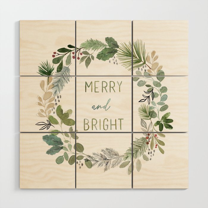 Merry & Bright Watercolor Wreath Wood Wall Art