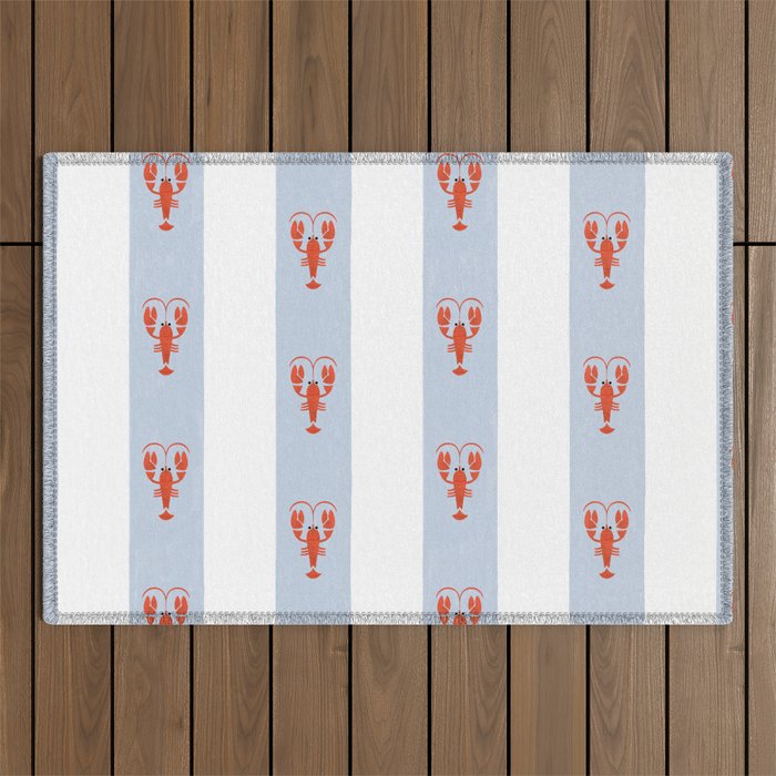 Red Lobsters On Hand-Painted Blue Stripes Outdoor Rug