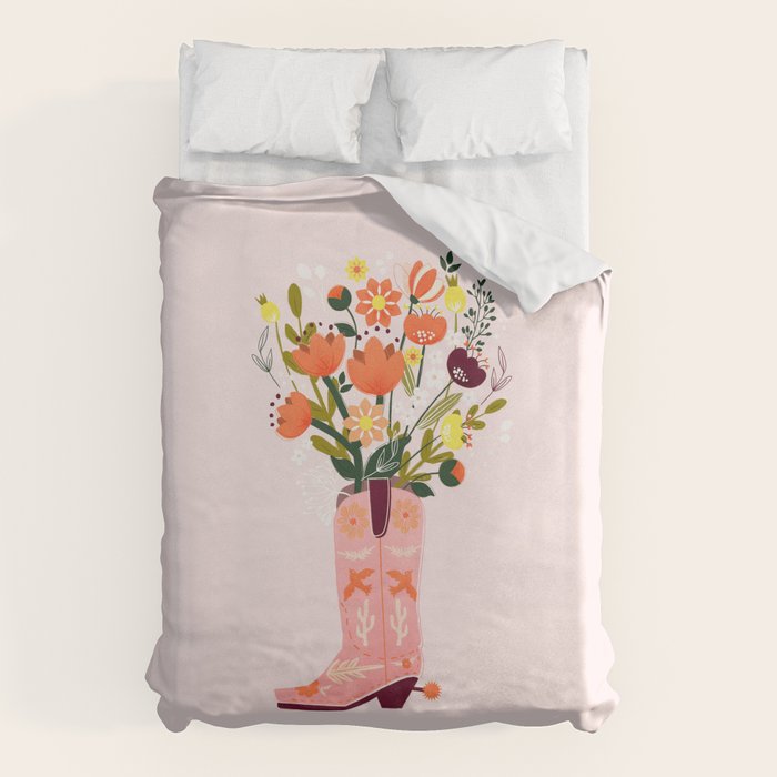 Pink Cowboy Boot And Wild Flower Bouquet Duvet Cover