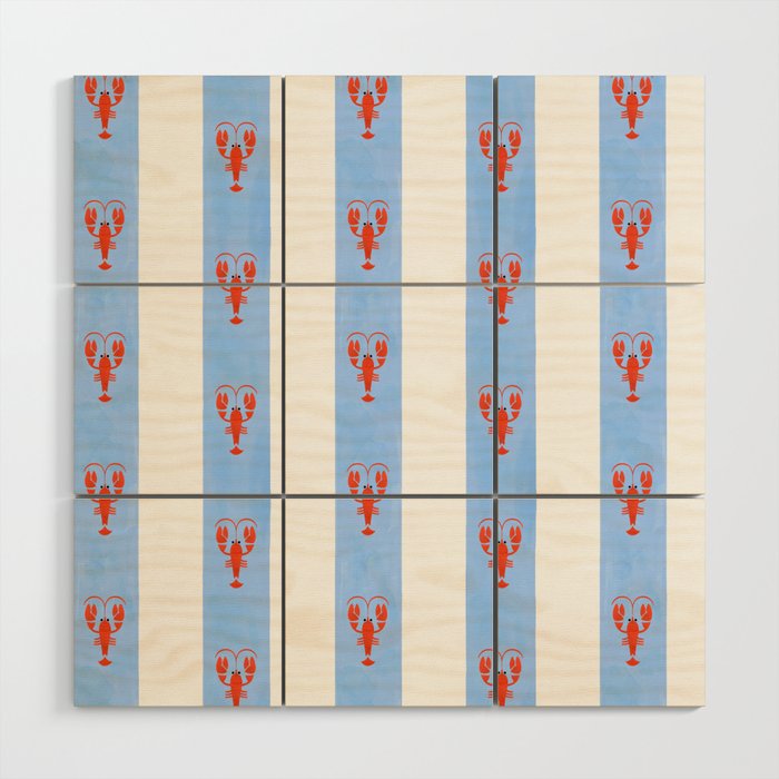 Red Lobsters On Hand-Painted Bright Blue Stripes Wood Wall Art