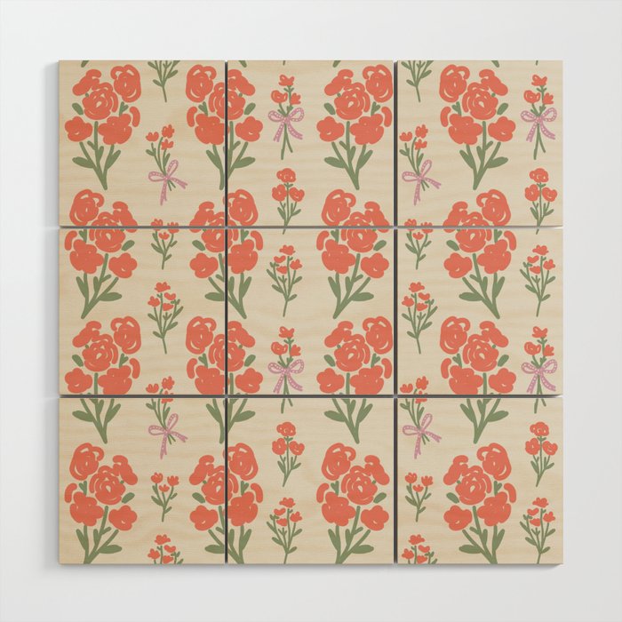 Preppy Grandmillennial Cute Red Flowers Wood Wall Art