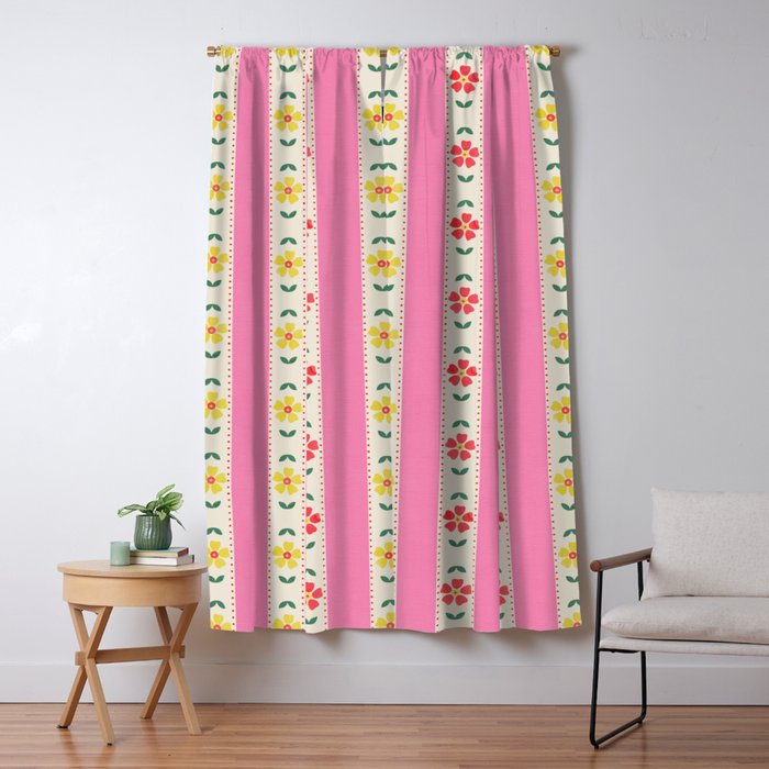 Granny Style Vintage Florals On Pink Stripes Window Curtain