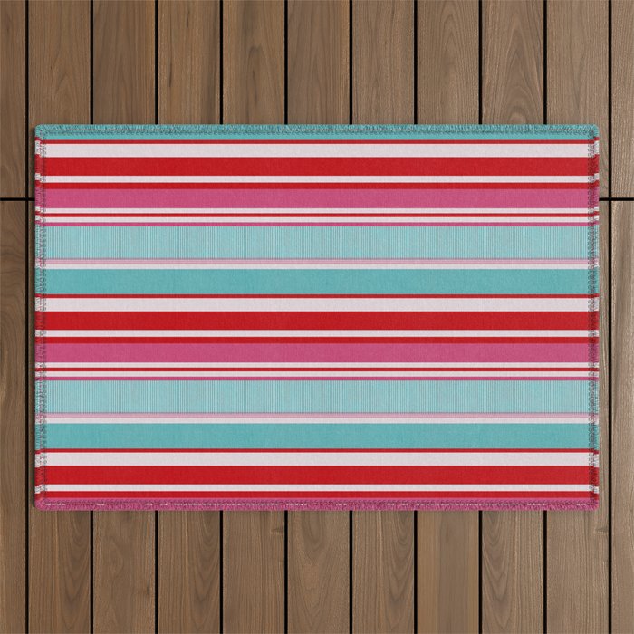 Bold Color Play Pink And Turquoise Stripes Outdoor Rug