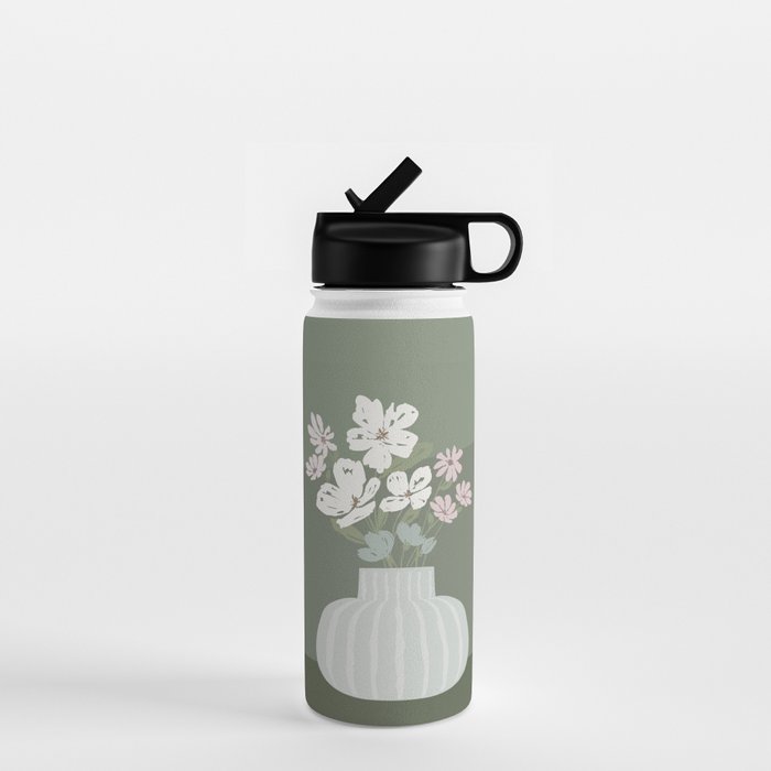 Wildflower Bouquet In Vase Illustration - Muted Pink, Beige And Sage Green Flowers  Water Bottle