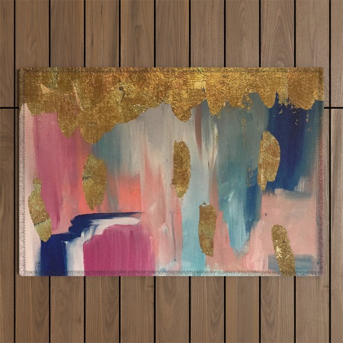 Gold Leaf & Indigo Blue Abstract Outdoor Rug