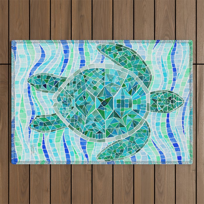 Mosaic Watercolor Sea Turtle Outdoor Rug
