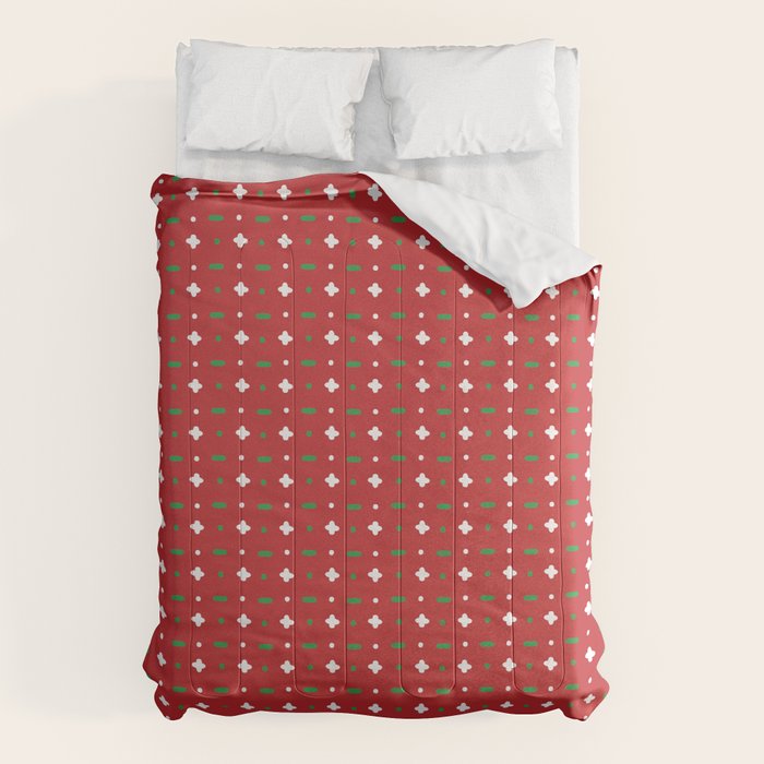 Christmas Vector Green And White Horizontal And Vertical Stitches Aligned On Red Background Seamless Comforter