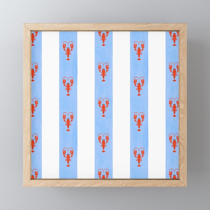 Red Lobsters On Hand-Painted Bright Blue Stripes Mini Art Print