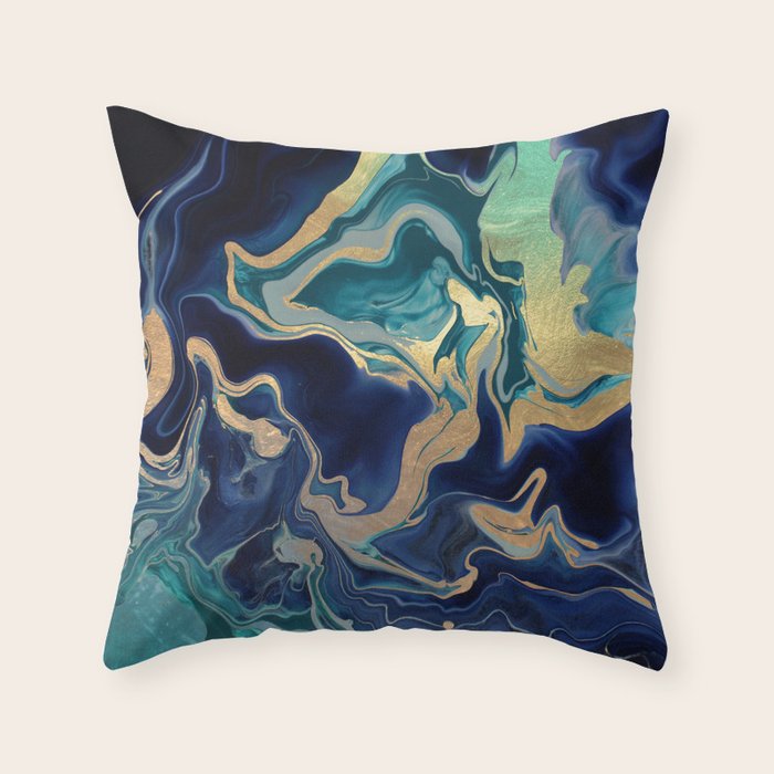 Dramaqueen - Gold Indigo Marble Throw Pillow