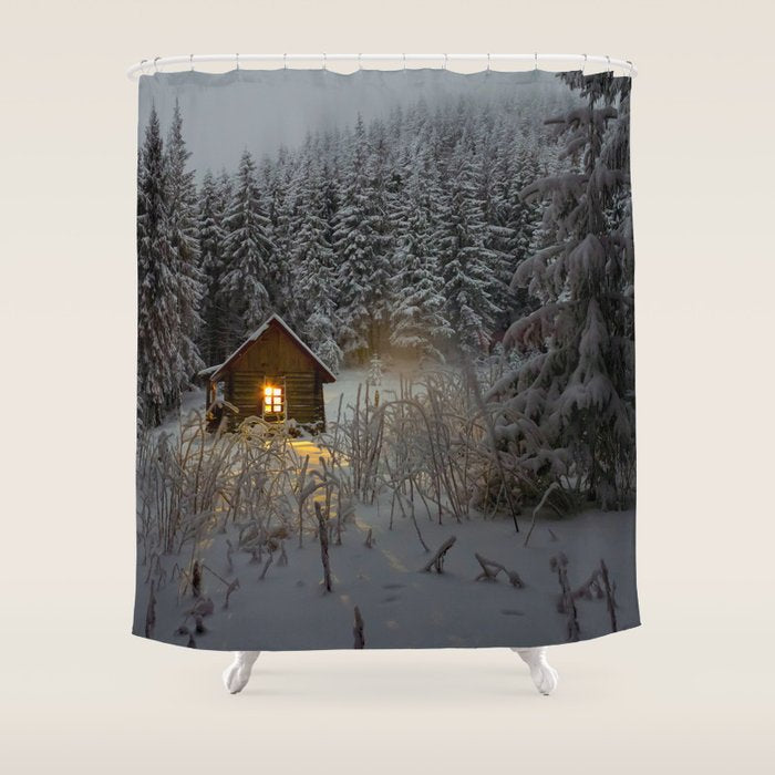 Tiny Cabin In The Winter Forest Snow Covered Pine Trees Shower Curtain