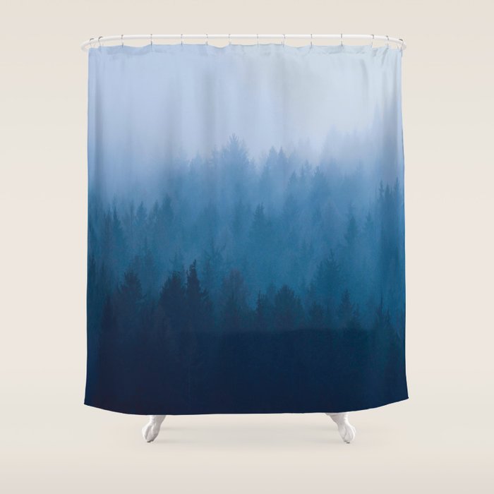 Watercolor Effect Colorful Blue Ombre Misty Pine Forest Shower Curtain