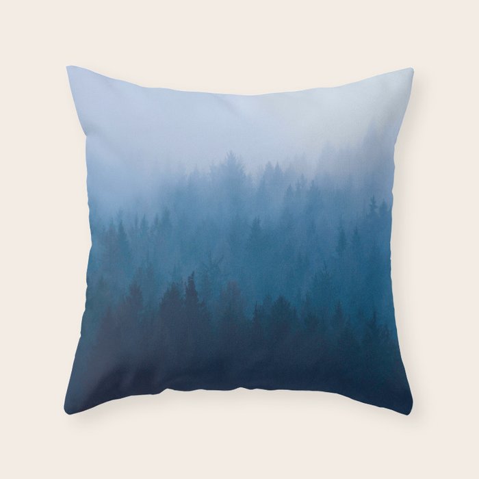 Watercolor Effect Colorful Blue Ombre Misty Pine Forest Throw Pillow