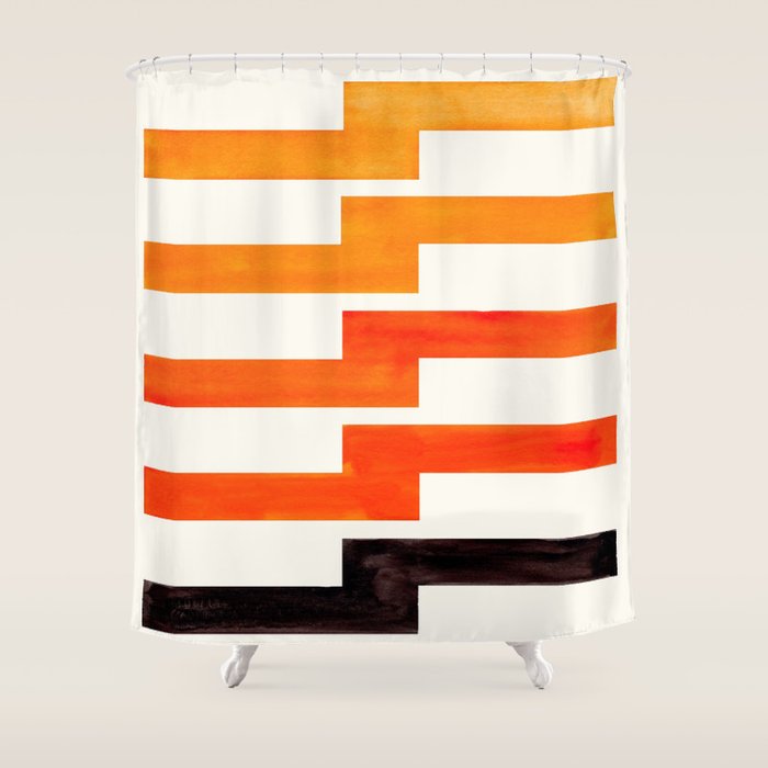 Orange & Black Geometric Minimal Mid Century Modern Lightning Bolt Pattern Watercolor Art Shower Curtain