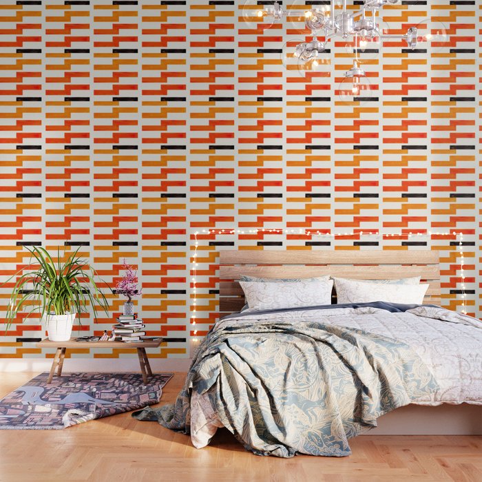 Orange & Black Geometric Minimal Mid Century Modern Lightning Bolt Pattern Watercolor Art Wallpaper