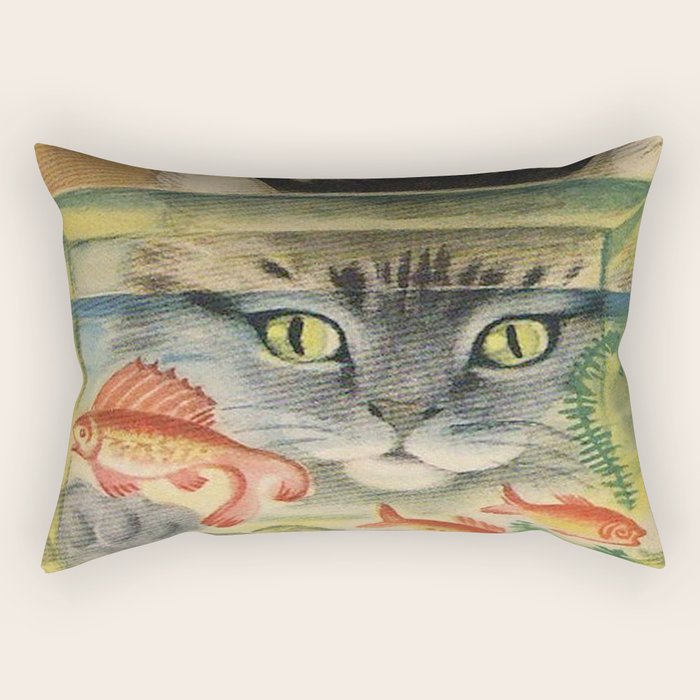 Cat Looking At Goldfish Vintage Art Rectangular Pillow
