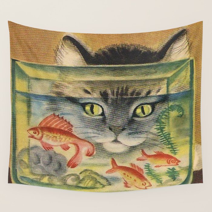Cat Looking At Goldfish Vintage Art Wall Tapestry