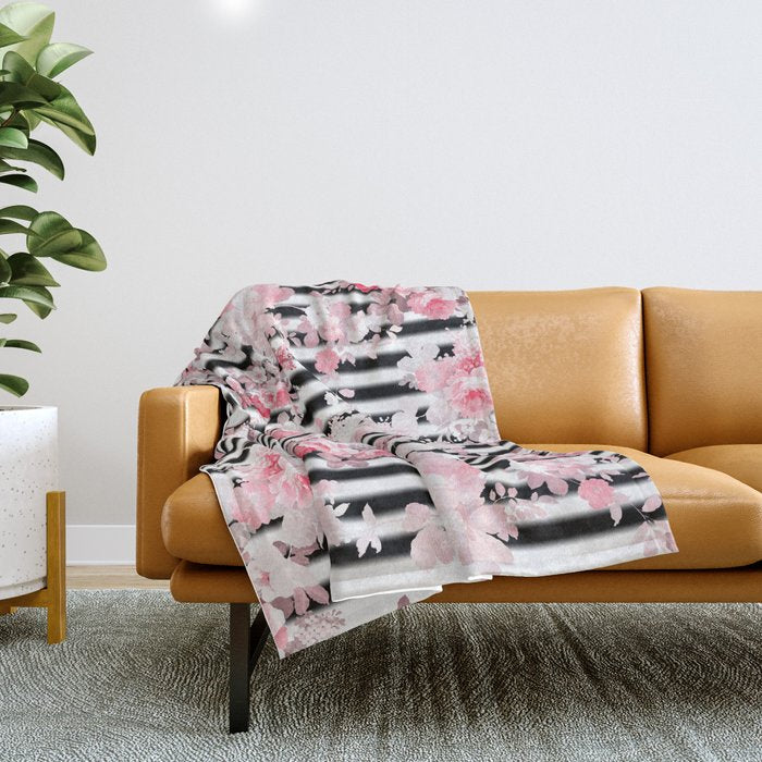 Vintage Blush Pink Floral Black White Stripes Throw Blanket