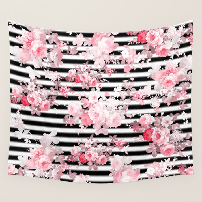 Vintage Blush Pink Floral Black White Stripes Wall Tapestry