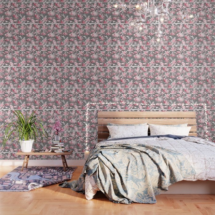 Vintage Blush Pink Floral Black White Stripes Wallpaper