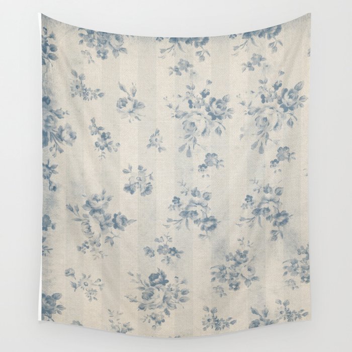 Rustic Vintage Bohemian Blue White Stripes Elegant Floral Wall Tapestry