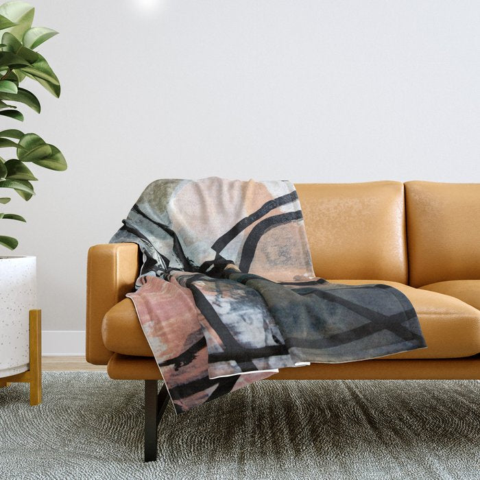 It Comes And Goes [2] - A Black And White Abstract Mixed Media Piece With Pink Details Throw Blanket
