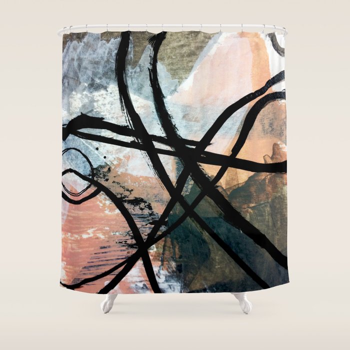It Comes And Goes [2] - A Black And White Abstract Mixed Media Piece With Pink Details Shower Curtain