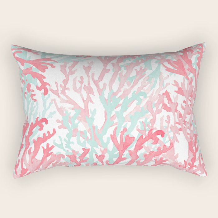 Modern Hand Painted Coral Pink Teal Reef Coral Floral Rectangular Pillow