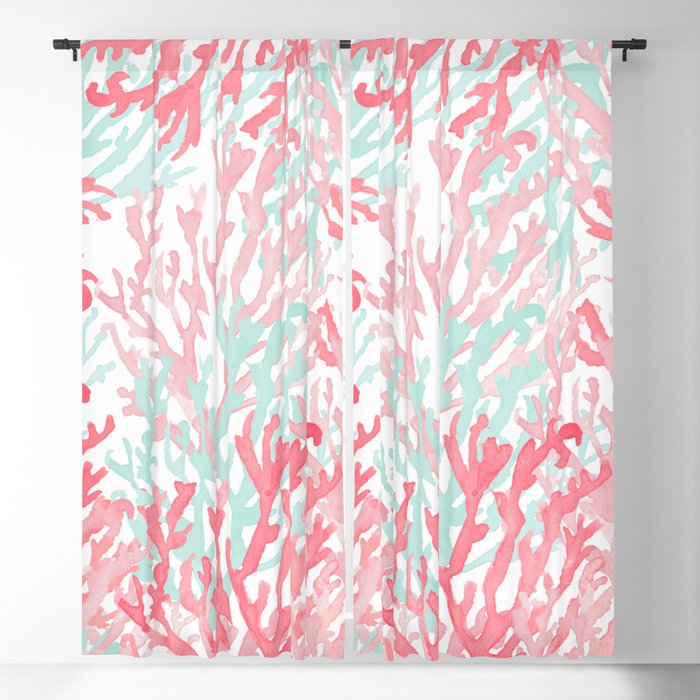 Modern Hand Painted Coral Pink Teal Reef Coral Floral Window Curtain
