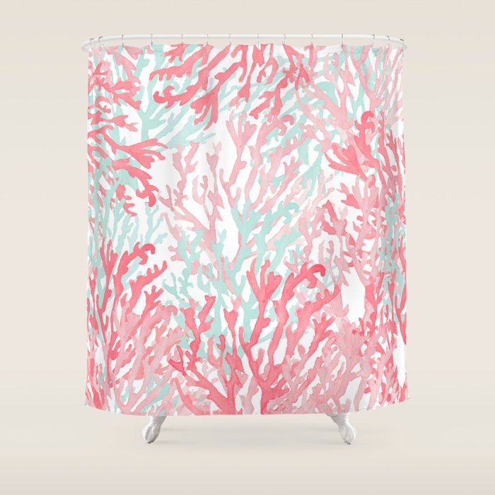 Modern Hand Painted Coral Pink Teal Reef Coral Floral Shower Curtain