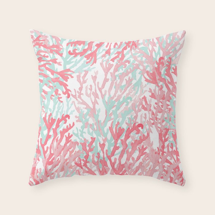 Modern Hand Painted Coral Pink Teal Reef Coral Floral Throw Pillow