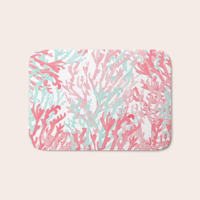 Modern Hand Painted Coral Pink Teal Reef Coral Floral Bath Mat