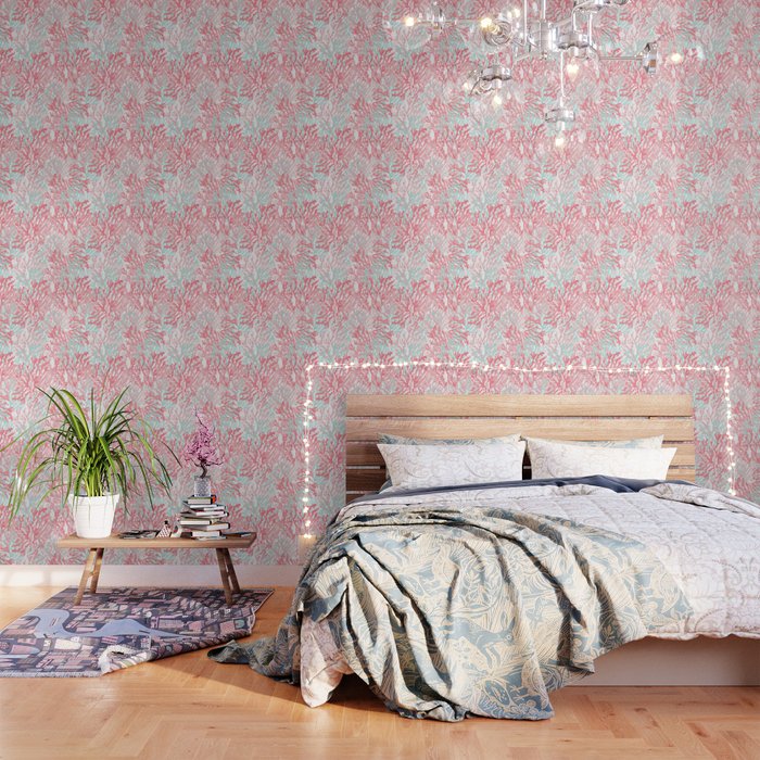 Modern Hand Painted Coral Pink Teal Reef Coral Floral Wallpaper
