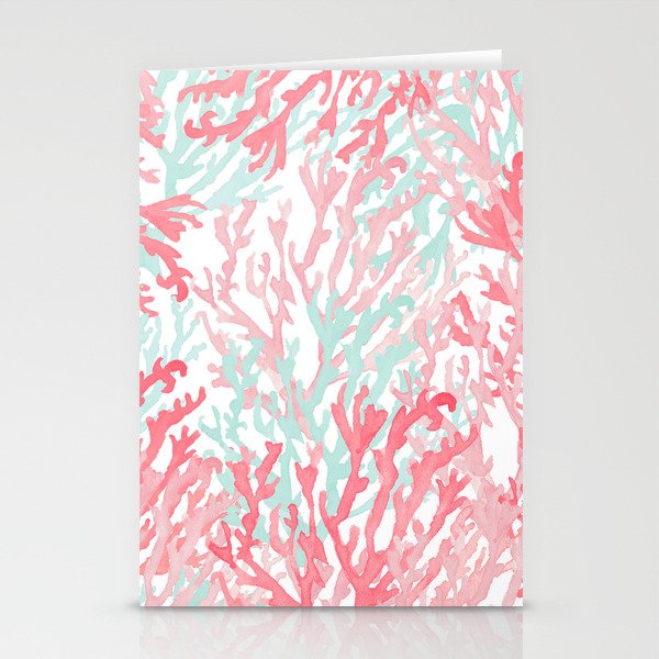 Modern Hand Painted Coral Pink Teal Reef Coral Floral Stationery Card