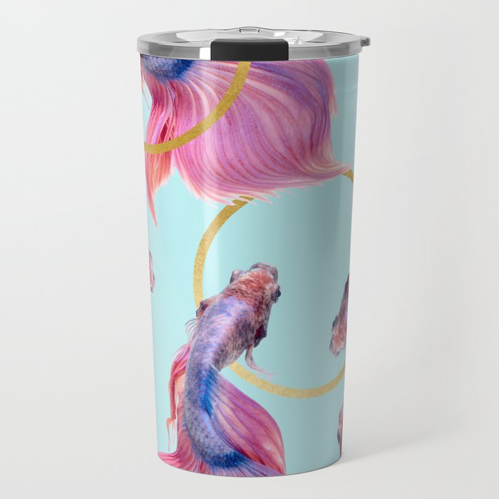 Hullahoops, Eclectic Colorful Fish Graphic Design, Animals Gold Rings Surrealism Quirky Travel Mug