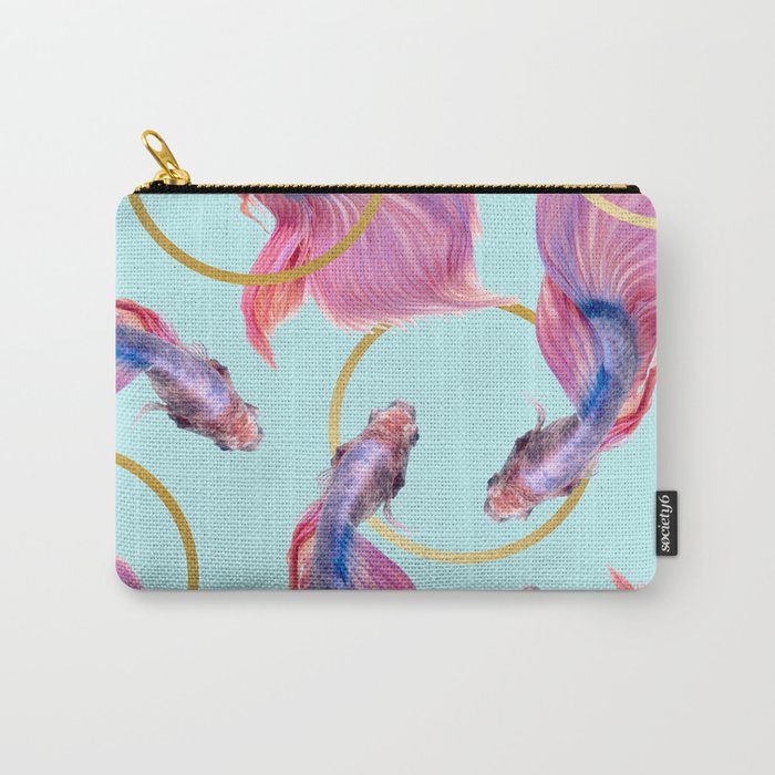 Hullahoops, Eclectic Colorful Fish Graphic Design, Animals Gold Rings Surrealism Quirky Carry All Pouch
