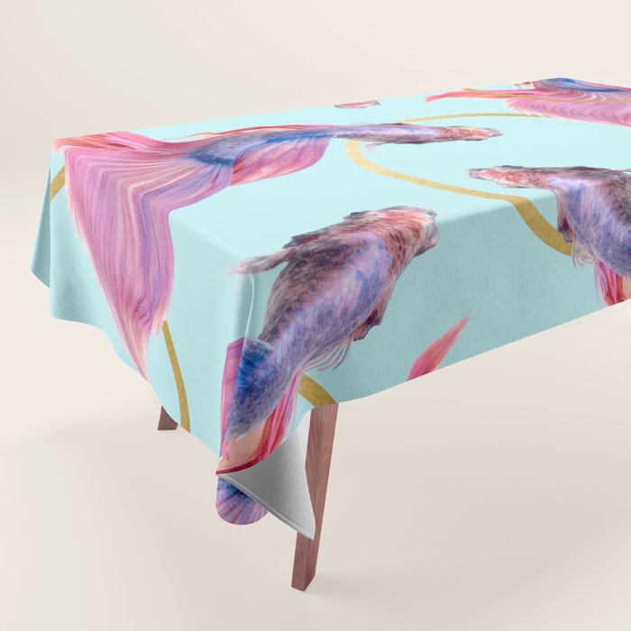 Hullahoops, Eclectic Colorful Fish Graphic Design, Animals Gold Rings Surrealism Quirky Tablecloth