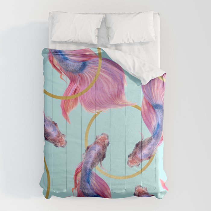 Hullahoops, Eclectic Colorful Fish Graphic Design, Animals Gold Rings Surrealism Quirky Comforter
